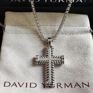 David Yurman Silver Cross With A Pave Diamond Fill Yurman Box Chain.